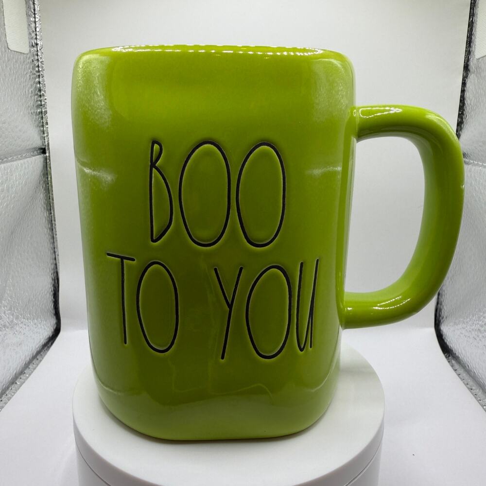 Rae Dunn BOO TO YOU Green Mug Black Interior Halloween Ceramic Magenta Artisan